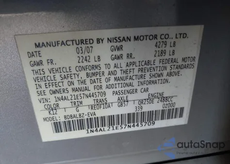 2007 Nissan Altima 2.5 S z USA, uszkodzony, nr VIN 1N4AL21E57N445709